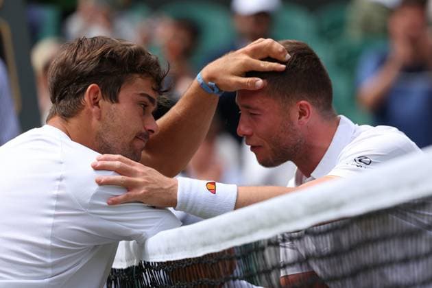 14th July 2024; All England Lawn Tennis and Croquet Club, London, England; Wimbledon Tennis Tournament, Day 14; Alfie Hewett (GBR) congratulated by Martin De La Puente (ESP) after winning the Gentlemens Wheelchair Singles Final in straight sets  ActionPlus12667786 JohnxPatrickxFletcher