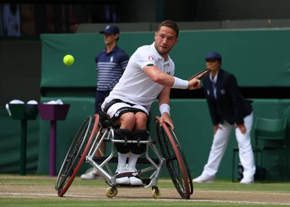 14th July 2024; All England Lawn Tennis and Croquet Club, London, England; Wimbledon Tennis Tournament, Day 14; Alfie Hewett (GBR) from the baseline against Martin De La Puente (ESP), Gentlemens Wheelchair Singles Final  ActionPlus12667792 JohnxPatrickxFletcher
