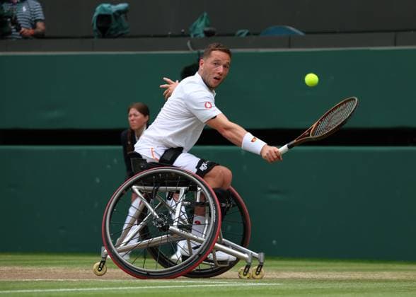 14th July 2024; All England Lawn Tennis and Croquet Club, London, England; Wimbledon Tennis Tournament, Day 14; Alfie Hewett (GBR) from the baseline against Martin De La Puente (ESP), Gentlemens Wheelchair Singles Final  ActionPlus12667794 JohnxPatrickxFletcher