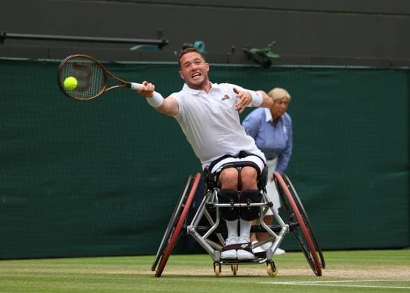 14th July 2024; All England Lawn Tennis and Croquet Club, London, England; Wimbledon Tennis Tournament, Day 14; Alfie Hewett (GBR) from the baseline against Martin De La Puente (ESP), Gentlemens Wheelchair Singles Final  ActionPlus12667795 JohnxPatrickxFletcher