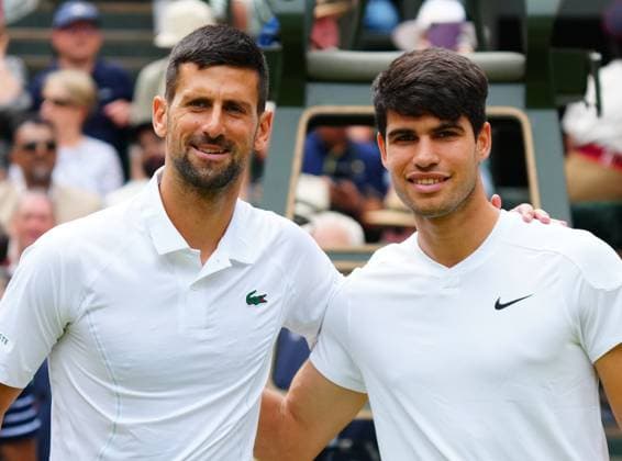 Carlos Alcaraz and Novak Djokovic ahead of the Gentlemen s Singles final Wimbledon Tennis Championships, Day 14, The All England Lawn Tennis and Croquet Club, London, UK - 14 Jul 2024  Copyright: xJavierxGarcia Shutterstockx 14584814aa