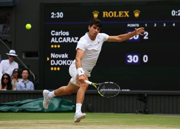14th July 2024; All England Lawn Tennis and Croquet Club, London, England; Wimbledon Tennis Tournament, Day 14; Carlos Alcaraz (ESP) from the baseline against Novak Djokovic (SRB), Gentlemens Singles Final  ActionPlus12667974 JohnxPatrickxFletcher