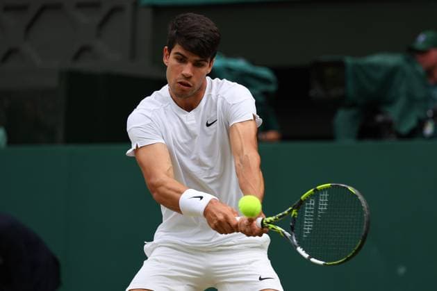 14th July 2024; All England Lawn Tennis and Croquet Club, London, England; Wimbledon Tennis Tournament, Day 14; Carlos Alcaraz (ESP) from the baseline against Novak Djokovic (SRB), Gentlemens Singles Final  ActionPlus12667978 JohnxPatrickxFletcher