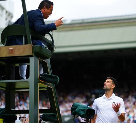 Novak Djokovic talks to umpire James Keothavong during the Gentlemen s Singles final Wimbledon Tennis Championships, Day 14, The All England Lawn Tennis and Croquet Club, London, UK - 14 Jul 2024  Copyright: xJavierxGarcia Shutterstockx 14584814dt