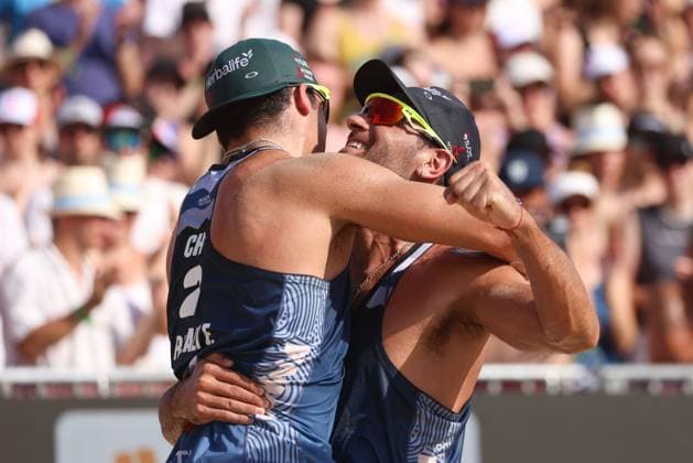 BEACHVOLLEYBALL - Beach Pro Vienna VIENNA,AUSTRIA,14.JUL.24 - Beach volleyball, Beachvolleyball - A1 Beach Pro Vienna. Image shows Marco Grimalt and Esteban Grimalt (CHI).  GEPAxpictures xMathiasxMandl