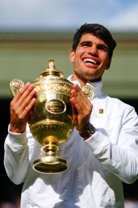 Carlos Alcaraz celebrates victory in the Gentlemen s Singles final Wimbledon Tennis Championships, Day 14, The All England Lawn Tennis and Croquet Club, London, UK - 14 Jul 2024  Copyright: xJavierxGarcia Shutterstockx 14584814gf