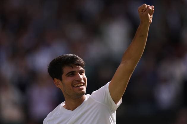 Carlos Alcaraz of Spain celebrates at the end of the match Wimbledon Tennis Championships, Day 14, The All England Lawn Tennis and Croquet Club, London, UK - 14 Jul 2024  Copyright: xEllaxLing Shutterstockx 14584816ce