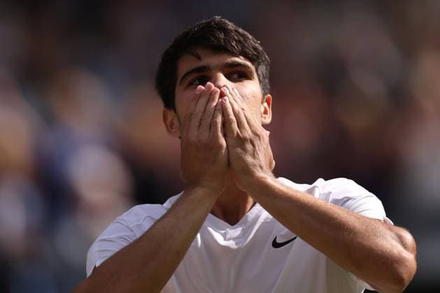 Carlos Alcaraz of Spain celebrates at the end of the match Wimbledon Tennis Championships, Day 14, The All England Lawn Tennis and Croquet Club, London, UK - 14 Jul 2024  Copyright: xEllaxLing Shutterstockx 14584816ch