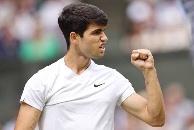 Carlos Alcaraz, ESP, during final of 2024 All England Lawn Tennis Championships at Wimbledon, gentlemens singles, London, 14 07 2024; -