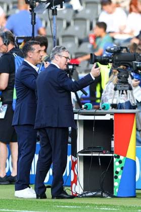 Sir Keir Starmer, Prime Minister of the United Kingdom is interviewed by Gary Neville on ITV Spain v England, UEFA European Championship, EM, Europameisterschaft 2024, Final, Football, Olympiastadion, Berlin, Germany, 14 Jul 2024 EDITORIAL USE ONLY No use with unauthorised audio, video, data, fixture lists, club league logos or live services. Online in-match use limited to 120 images, no video emulation. No use in betting, games or single club league player publications. Copyright: xKieranxMcManus Shutterstockx 14583341ac