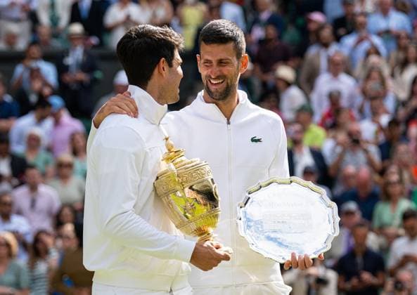 Tennis - Wimbledon Championship 2024 - Day 14 LONDON, ENGLAND - Sunday, July 14, 2024: Carlos Alcaraz (ESP) celebrates after the Gentlemen s Singles Final on Day Fourteen of The Championships Wimbledon 2024 at the All England Lawn Tennis and Croquet Club. Alcaraz won 6-2, 6-2, 7-6 (4). (Photo by Kirsten Holst Propaganda) LONDON All England Lawn Tennis and Croquet Club GREATER LONDON ENGLAND  Copyright: xKirstenxHolstx 2024-07-14-006-Wimbledon_Day_14