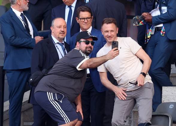 Berlin, Germany, 14th July 2024. Rafael Benitez and Fabio Capello pose for a selfie picture as they arrive before the UEFA European Championships final match at the Olympiastadion, Berlin. Picture credit should read: David Klein Sportimage EDITORIAL USE ONLY. No use with unauthorised audio, video, data, fixture lists, club league logos or live services. Online in-match use limited to 120 images, no video emulation. No use in betting, games or single club league player publications. SPI-3228-0035