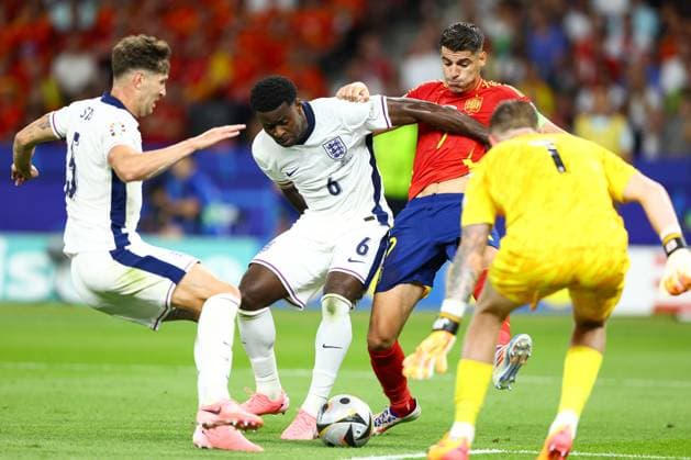 Marc Guà hi of England battles with Ãlvaro Morata of Spain Spain v England, UEFA European Championship, EM, Europameisterschaft 2024, Final, Football, Olympiastadion, Berlin, Germany, 14 Jul 2024 EDITORIAL USE ONLY No use with unauthorised audio, video, data, fixture lists, club league logos or live services. Online in-match use limited to 120 images, no video emulation. No use in betting, games or single club league player publications. Copyright: xKieranxMcManus Shutterstockx 14583341cl
