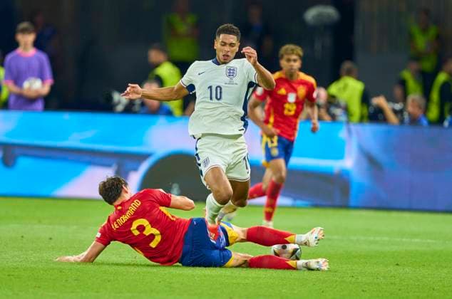 Jude Bellingham, ENG 10 compete for the ball, tackling, duel, header, zweikampf, action, fight against Robin Le Normand, ESP 3 in the final match SPAIN - ENGLAND of the UEFA European Championships 2024 on Jul 14, 2024 in Berlin, Germany.