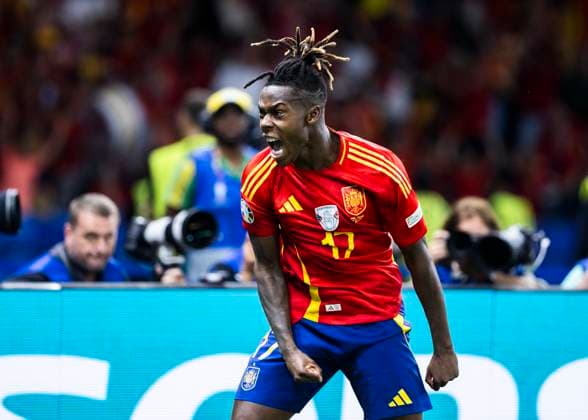 Berlin, Olympiastadion, 14.07.2024: Nico Williams of spain celebrates scoring the 1:0 goal during the final match at the UEFA EURO, EM, Europameisterschaft,Fussball 2024 Spain vs. England