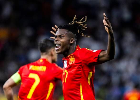 Berlin, Olympiastadion, 14.07.2024: Nico Williams of spain celebrates scoring the 1:0 goal during the final match at the UEFA EURO, EM, Europameisterschaft,Fussball 2024 Spain vs. England