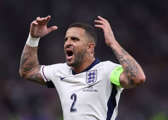 Berlin, Germany, 14th July 2024. Kyle Walker of England encourages the crowd during the UEFA European Championships final match at Olympiastadion, Berlin. Picture credit should read: David Klein Sportimage EDITORIAL USE ONLY. No use with unauthorised audio, video, data, fixture lists, club league logos or live services. Online in-match use limited to 120 images, no video emulation. No use in betting, games or single club league player publications. SPI-3228-0125