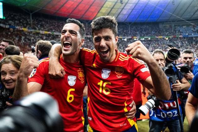 240714 Mikel Merino and Rodrigo Hernandez of Spain celebrate after the UEFA EURO, EM, Europameisterschaft,Fussball 2024 Football Championship final between Spain and England on July 14, 2024 in Berlin. Photo: Mathias Bergeld BILDBYRAN kod MB MB0946 fotboll football soccer fotball fotbolls-em europamästerskap em uefa euro uefa european football championship euro 2024 final spanien spain england bbeng jubel Copyright: MATHIASxBERGELD BB240714MB164