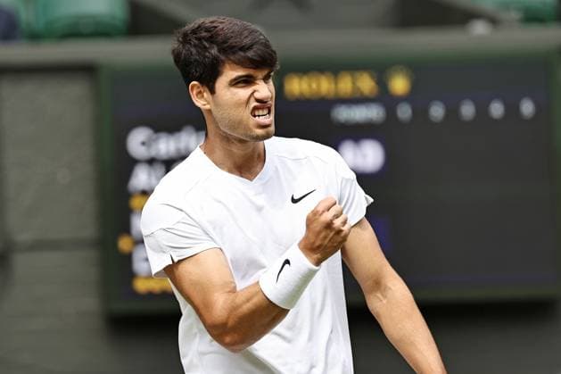 Carlos Alcaraz, ESP, during final of 2024 All England Lawn Tennis Championships at Wimbledon, gentlemens singles, London, 14 07 2024; -