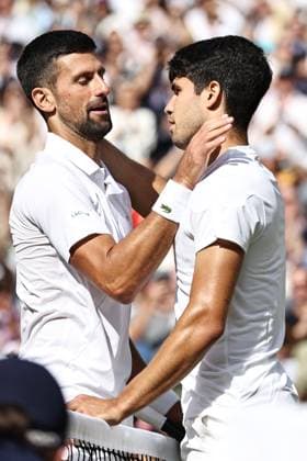 Novak Djokovic, SRB, with Carlos Alcaraz, ESP, after final of 2024 All England Lawn Tennis Championships at Wimbledon, gentlemens singles, London, 14 07 2024; -