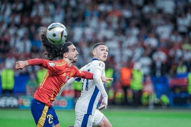 EURO 2024 - Final: Spain vs. England Marc Cucurella and Phil Foden in action during the EURO 2024 Final match between Spain and England on 14 July 2024, at Olympic Stadium Berlin, in Berlin, Germany Berlin Olympic Stadium Berlin Germany Copyright: xAlexandraxFechetex DSC09176