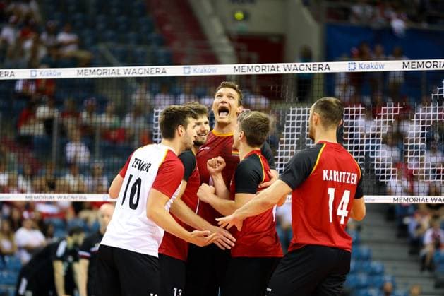 XXI Memorial Of Hubert Jerzy Wagner In Krakow Germany (red) is playing against Egypt (black) in a volleyball match at Tauron Arena Krakow during the 21st Hubert Jerzy Wagner Memorial in Krakow, Poland, on July 14, 2024. The Hubert Jerzy Wagner Memorial is one of the largest and most prestigious friendly volleyball tournaments in the world. The annual international tournament is dedicated to the memory of the most outstanding volleyball coach in the history of our country, Hubert Jerzy Wagner. Krakow Poland  Copyright: xKlaudiaxRadeckax originalFilename:radecka-xximemor240714_np32i.jpg