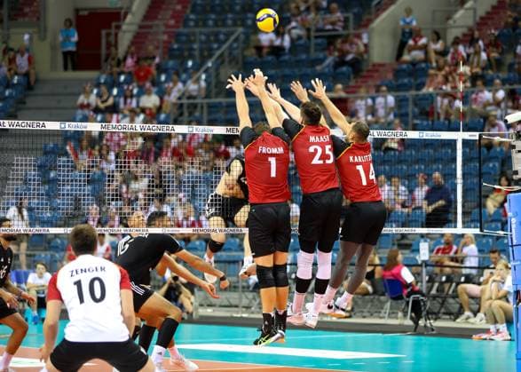 XXI Memorial Of Hubert Jerzy Wagner In Krakow Germany (red) is playing against Egypt (black) in a volleyball match at Tauron Arena Krakow during the 21st Hubert Jerzy Wagner Memorial in Krakow, Poland, on July 14, 2024. The Hubert Jerzy Wagner Memorial is one of the largest and most prestigious friendly volleyball tournaments in the world. The annual international tournament is dedicated to the memory of the most outstanding volleyball coach in the history of our country, Hubert Jerzy Wagner. Krakow Poland  Copyright: xKlaudiaxRadeckax originalFilename:radecka-xximemor240714_np6Rm.jpg