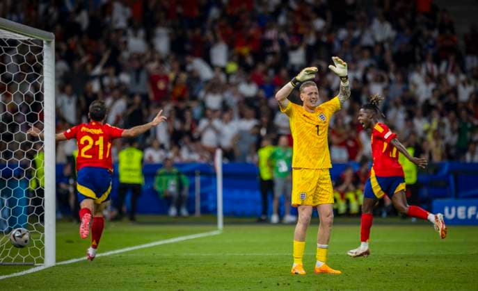 Berlin, Germany. 14th Jul 2024. Jordan Pickford (ENG), Mikel Oyarzabal (ESP) Nico Williams (ESP) Spain - England Spanien - England 14.07.2024