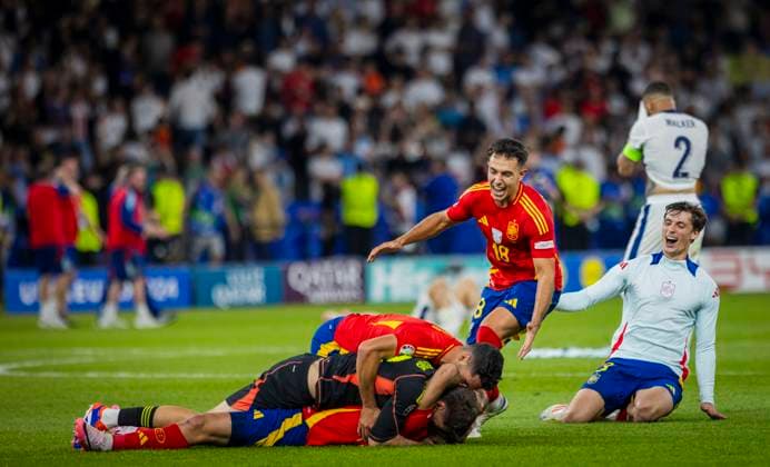 Berlin, Germany. 14th Jul 2024. Final jubilation: Unai Simon (ESP) Rodri (ESP) Martin Zubimendi (ESP) Robin Le Normand (ESP) Spain - England Spanien - England 14.07.2024