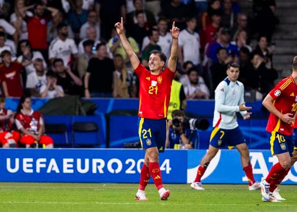Berlin, Olympiastadion, 14.07.2024: Mikel Oyarzabal of spain celebrates scoring the 2:1 goal during the final match at the UEFA EURO, EM, Europameisterschaft,Fussball 2024 Spain vs. England