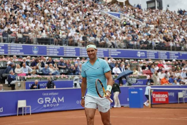 BASTAD, SVERIGE 20240715 Rafael Nadal (ESP) när han och Casper Ruud (NOR) mötert Guido Andreozzi (ARG) och Miguel Reyes-Varela (MEX) i dubbel under Nordea Open i Bastad pa mandagen BASTAD SVERIGE x9200x