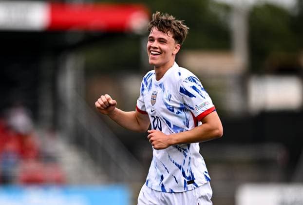 240715 Daniel Braut of Norway celebrates after scoring his side s first goal during the UEFA European Under-19 Championship group stage football match between Italy and Norway on July 15, 2024 in Belfast. Photo: Ben McShane BILDBYRAN Cop 275 SPF002 bbeng fotboll football fotball soccer uefa european under-19 championship euro under-19 u19-em u19 norge norway italia italy italien Copyright: SPORTSFILE BB240715BB506