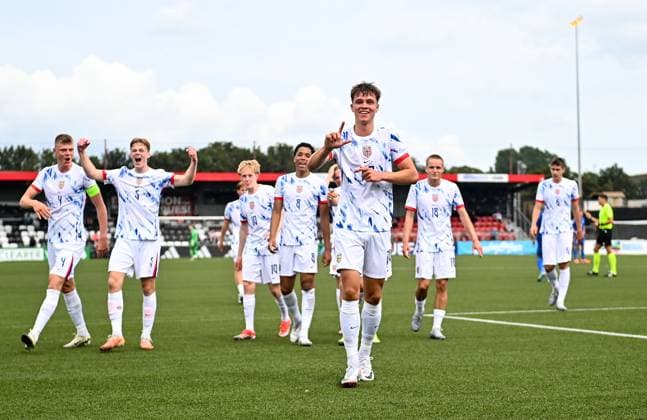 240715 Daniel Braut of Norway celebrates after scoring his side s first goal during the UEFA European Under-19 Championship group stage football match between Italy and Norway on July 15, 2024 in Belfast. Photo: Ben McShane BILDBYRAN Cop 275 SPF002 bbeng fotboll football fotball soccer uefa european under-19 championship euro under-19 u19-em u19 norge norway italia italy italien Copyright: SPORTSFILE BB240715BB513