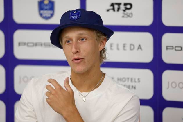 BASTAD, SVERIGE 20240716 Leo Borg, Sverige, pa pressträff efter förlusten mot Rafael Nadal, Spanien, under första omgangen i herrarnas singel i Nordea Open i Bastad pa tisdagen. BASTAD SVERIGE x9200x