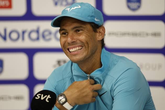 BASTAD, SVERIGE 20240716 Rafael Nadal, Spanien, pa pressträff efter vinsten mot Leo Borg, Sverige, under första omgangen i herrarnas singel i Nordea Open i Bastad pa tisdagen. BASTAD SVERIGE x9200x