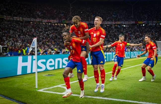 Berlin, Germany. 14th Jul 2024. Goal celebration: Nico Williams (ESP) Lamine Yamal (ESP) Dani Olmo (ESP) Alvaro Morata (ESP) Martin Zubimendi (ESP) Spain - England Spanien - England 14.07.2024