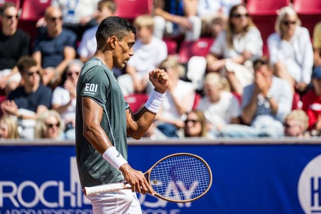 240717 Thiago Monteiro of Brazil celebrates and during day 3 of the Nordea Open on July 17, 2024 in Bastad. Photo: Niclas Jönsson BILDBYRAN COP 273 NO0287 tennis ATP, Tennis Herren 250 nordea open bbeng jubel Copyright: NICLASxJÖNSSON BB240717NO029