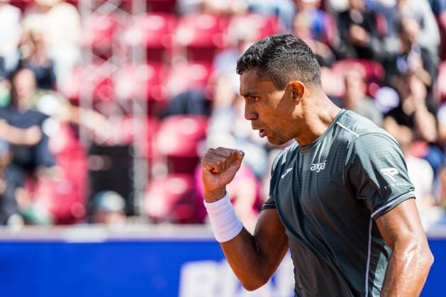 240717 And Thiago Monteiro of Brazil celebrates during day 3 of the Nordea Open on July 17, 2024 in Bastad. Photo: Niclas Jönsson BILDBYRAN COP 273 NO0287 tennis ATP, Tennis Herren 250 nordea open bbeng jubel Copyright: NICLASxJÖNSSON BB240717NO030