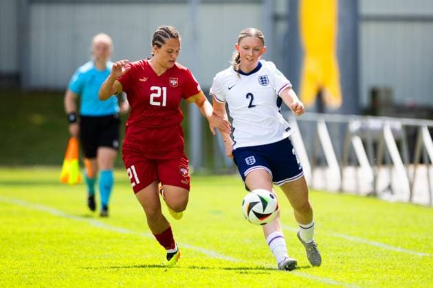 Evie Rabjohn of England, Nadja Uvalin of Serbia Serbia U19 v England U19, UEFA Women s U19 Championships, Group a, Football, Marijampoleje Football Stadium, Marijampole, Lithuania - 17 Jul 2024 Editorial use only  Copyright: xNikoaxKrstic Shutterstockx 14587245aa