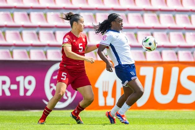 Michelle Agyemang of England, Mina Matijevic of Serbia Serbia U19 v England U19, UEFA Women s U19 Championships, Group a, Football, Marijampoleje Football Stadium, Marijampole, Lithuania - 17 Jul 2024 Editorial use only  Copyright: xNikoaxKrstic Shutterstockx 14587245ae