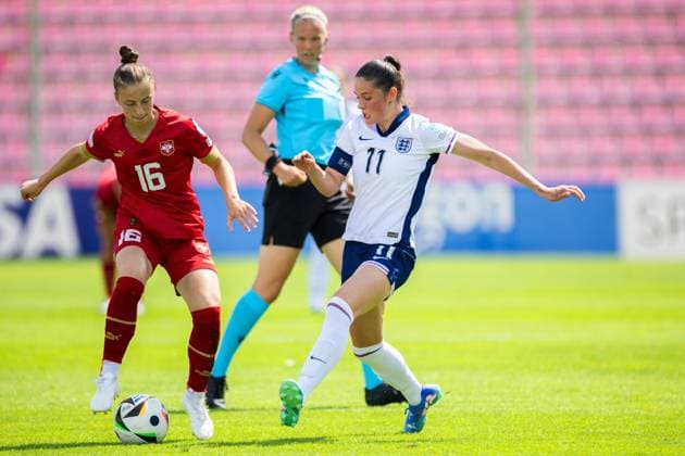 Freya Godfrey of England, Mina Cingelic of Serbia Serbia U19 v England U19, UEFA Women s U19 Championships, Group a, Football, Marijampoleje Football Stadium, Marijampole, Lithuania - 17 Jul 2024 Editorial use only  Copyright: xNikoaxKrstic Shutterstockx 14587245ai
