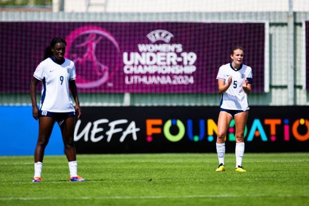 Michelle Agyemang of England, Lucy Newell of England Serbia U19 v England U19, UEFA Women s U19 Championships, Group a, Football, Marijampoleje Football Stadium, Marijampole, Lithuania - 17 Jul 2024 Editorial use only  Copyright: xNikoaxKrstic Shutterstockx 14587245bq