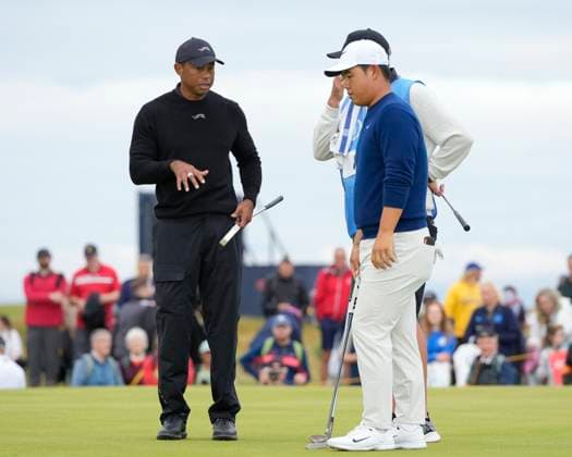 17th July 2024; Royal Troon Golf Club, Troon, South Ayrshire, Scotland; The Open Championship Practice Day 3; Tiger Woods speaks with Tom Kim on the 13th green  ActionPlus12669012 StevenxFlynn