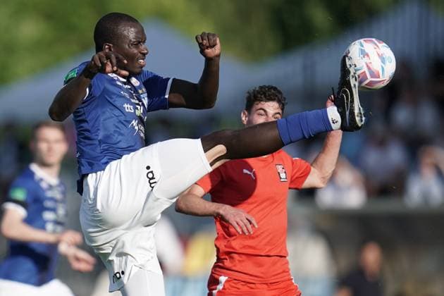 Fussball Champions League 2024 - 2025 17.07.2024, Fussball Champions League, UEFA Champions League, 2024-2025, Qualification Round 1, Luxembourg, Stade Municipal, Luxemburg (LUX) - FC Differdange 03 (LUX) - KI Klaksvik (FRO) vl: Cederic Yambere (KI Klaksvik 4)- Jorge Da Costa Monteiro (FC Differdange 03 28)