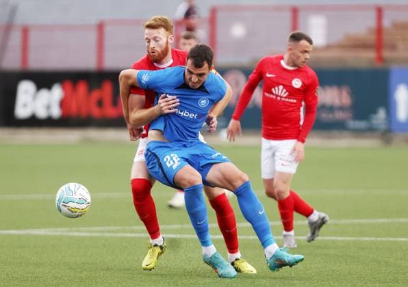 UEFA Champions League First Qualifying Round Second Leg, Inver Park, Larne 17 7 2024 Larne vs RFS Larne™s Cian Bolger with RFS™ Darko Lemajic Cian Bolger with Darko Lemajic 17 7 2024  Copyright: x INPHO JonathanxPorterx pe_00959211