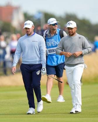 17th July 2024; Royal Troon Golf Club, Troon, South Ayrshire, Scotland; The Open Championship Practice Day 3; Patrick Cantlay and Xander Schauffele walk up the 18th fairway  ActionPlus12669258 StevenxFlynn