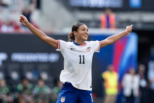 NY: USWNT vs Mexico pre-Olympic Friendly Match Sophia Smith (11) of USWNT (United State Women national team, Nationalteam celebrates scoring goal during the pre-Olympic friendly match between Mexico and USWNT at Red Bull Arena. USWNT wins 1 - 0. Harrison New Jersey United States Copyright: LevxRadin