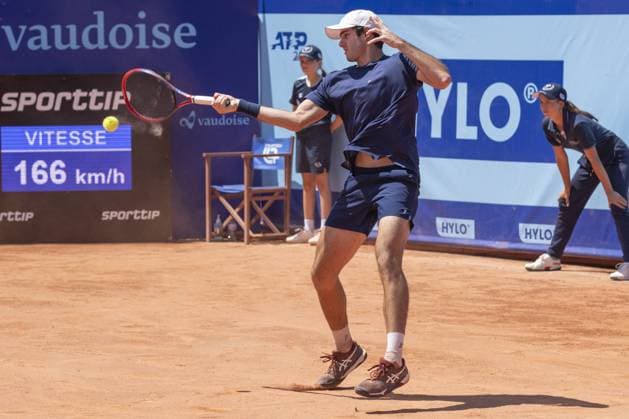 International Tennis match - EFG Swiss Open Gstaad Gstaad Switzerland, 07 18 2024: Gustavio Heide (BRA) in action during EFG Swiss Open. during EFG Swiss Open Gstaad, International Tennis match in Gstaad, Switzerland, July 18 2024 Gstaad Switzerland  Copyright: xIPAxSport ABACAx