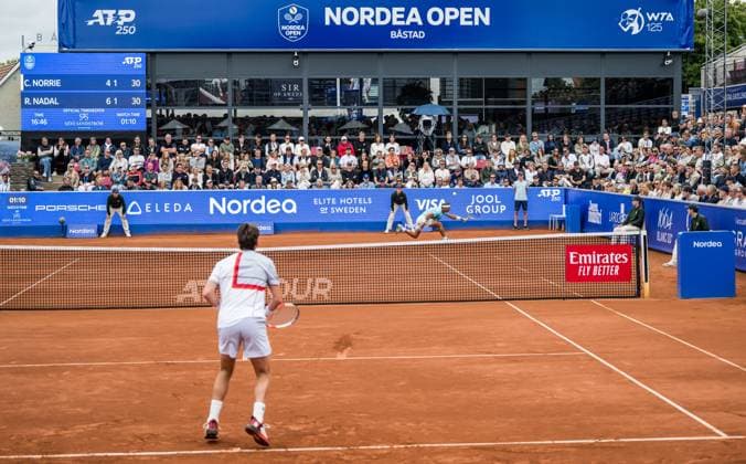 240718 Cameron Norrie of Great Britain and Rafael Nadal of Spain during day 4 of the Nordea Open on July 18, 2024 in Bastad. Photo: Niclas Jönsson BILDBYRAN COP 273 NO0288 tennis ATP, Tennis Herren 250 nordea open bbeng Copyright: NICLASxJÖNSSON BB240718NO058