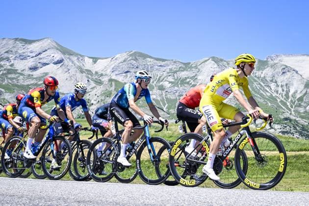 Slovenian Tadej Pogacar of UAE Team Emirates pictured in action during stage 18 of the 2024 Tour de France cycling race, from Gap to Barcelonnette (179,5 km), in France, on Thursday 18 July 2024. The 111th edition of the Tour de France starts on Saturday 29 June and will finish in Nice, France on 21 July. TOM GOYVAERTS TomxGoyvaerts  x96660501x